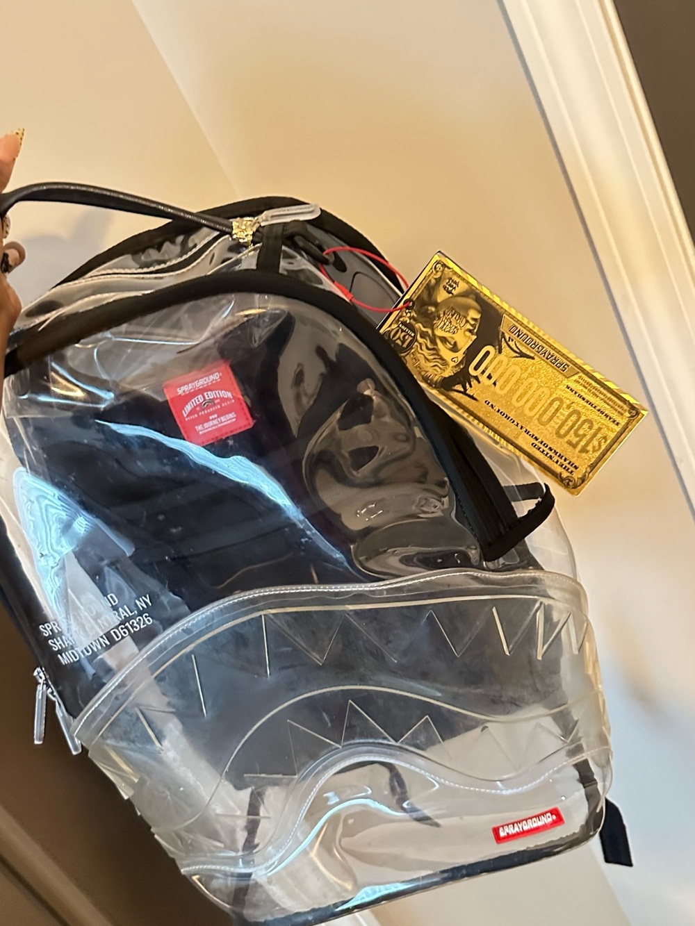 Sprayground Clear Shark Backpack with Black Trim and Red Tags - Picture 2 of 2